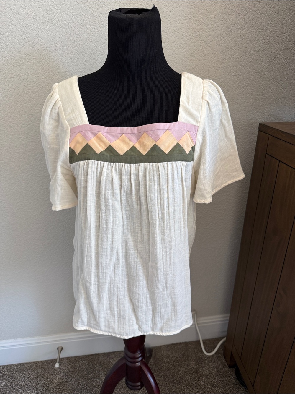 Madewell Cream Peasant Top with Pink, Yellow & Olive Trim